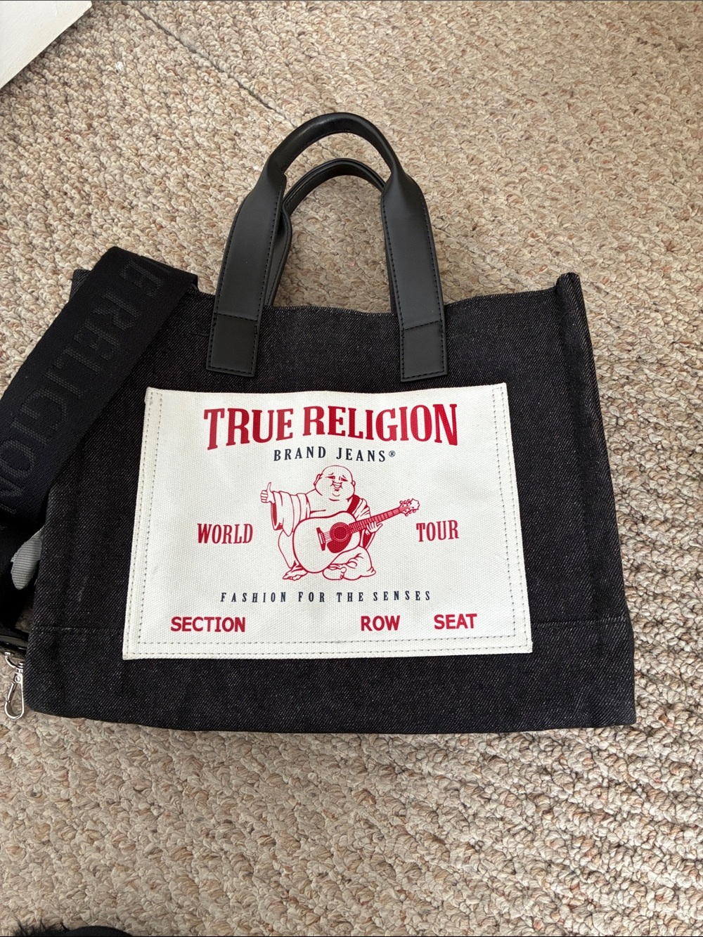 True Religion Black Denim Messenger Tote with Red Logo Patch